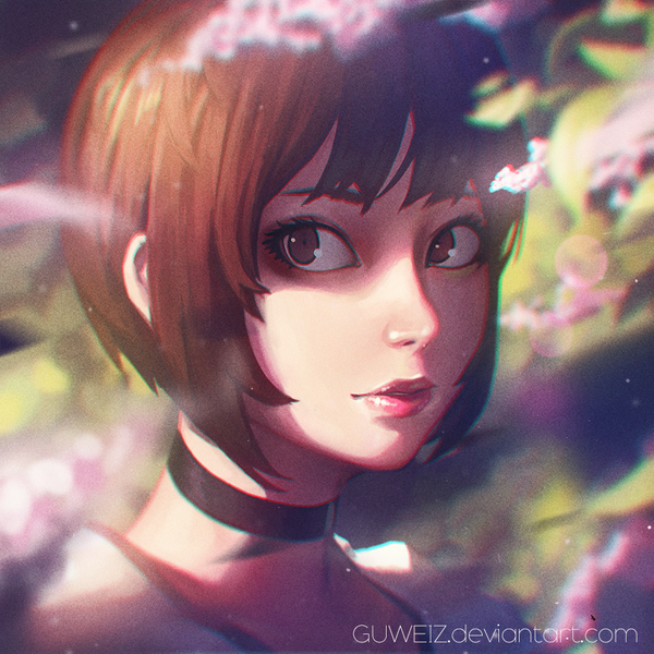 Anime picture 900x900 with guweiz single fringe short hair brown hair brown eyes looking away lips lipstick portrait close-up pink lipstick ilya kuvshinov (style) girl