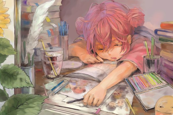 Anime picture 1200x800 with gintama sunrise (studio) kagura (gintama) miyuki nknk single open mouth pink hair eyes closed sleeping girl flower (flowers) water window book (books) leaf (leaves) feather (feathers) table paper glass plate