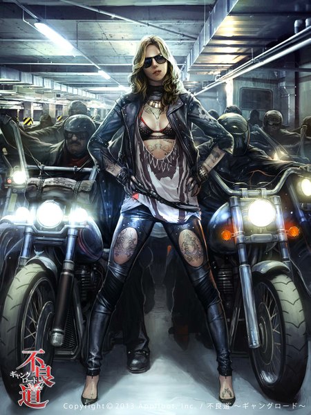 Anime picture 1125x1500 with furyou michi ~gang road~ original crazyred (artist) long hair tall image light erotic blonde hair standing lips realistic open clothes open jacket tattoo hieroglyph hands on hips girl boy gloves jacket fingerless gloves