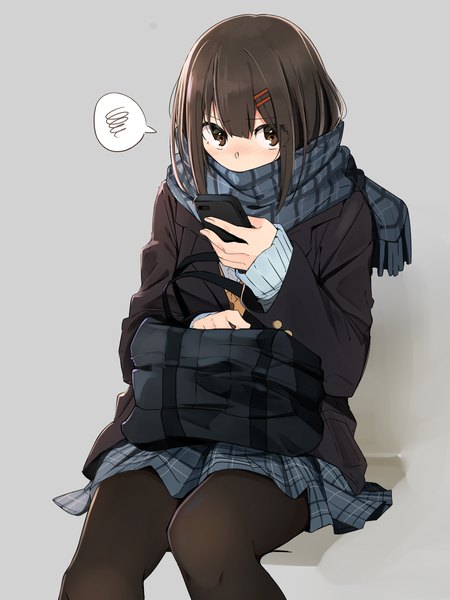 Anime picture 1200x1600 with original kazenoko single tall image looking at viewer fringe short hair simple background brown hair sitting holding brown eyes head tilt grey background covered mouth dark hair girl skirt uniform hair ornament