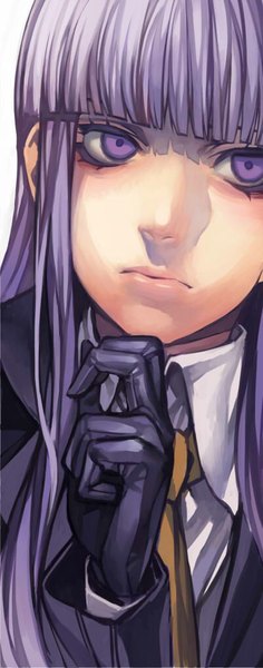 Anime picture 400x1015 with dangan ronpa kirigiri kyouko irohara mitabi single long hair tall image fringe purple eyes looking away purple hair portrait girl gloves