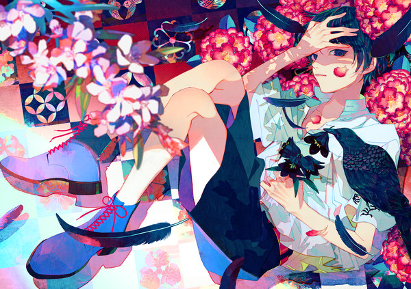 Anime picture 1416x1000 with original akiakane single looking at viewer short hair blue eyes black hair bent knee (knees) lying shadow bird on hand boy flower (flowers) animal shirt petals shorts boots white shirt bird (birds)