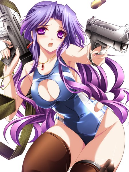 Anime picture 1200x1600 with original moneti (daifuku) single long hair tall image looking at viewer blush breasts open mouth light erotic simple background white background purple eyes purple hair girl thighhighs weapon black thighhighs swimsuit earrings