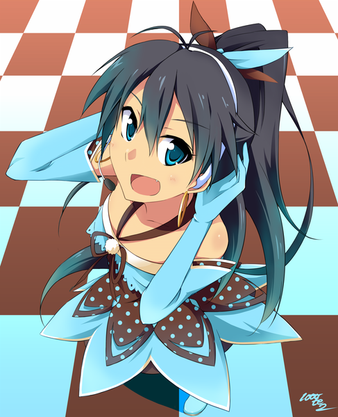 Anime picture 1300x1600 with idolmaster ganaha hibiki sente single long hair tall image looking at viewer open mouth blue eyes black hair bare shoulders ponytail teeth fang (fangs) floral (idolmaster) girl dress gloves bow hair bow