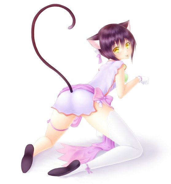 Anime picture 1106x1191 with shining (series) shining hearts shaomei rin noppi (noppi 98) single tall image short hair light erotic simple background white background animal ears yellow eyes purple hair full body animal tail looking back cat ears cat girl cat tail :p