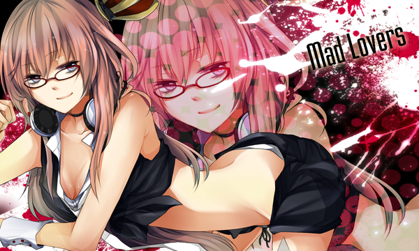 Anime picture 1500x900 with vocaloid megurine luka haru (haru2079) long hair looking at viewer blue eyes wide image pink hair light smile zoom layer girl glasses shorts headphones