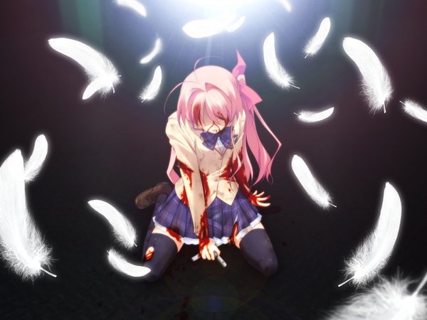 Anime picture 1280x960 with chaos;head sakihata rimi single long hair pink hair girl thighhighs skirt serafuku blood feather (feathers)
