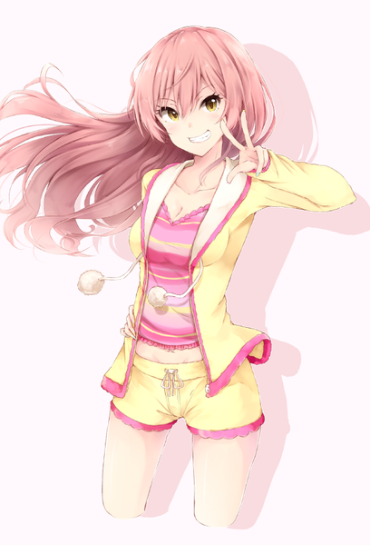 Anime picture 578x848 with idolmaster idolmaster cinderella girls jougasaki mika hiiragi yashiro single long hair tall image looking at viewer fringe simple background smile standing yellow eyes pink hair nail polish fingernails shadow midriff girl pajamas