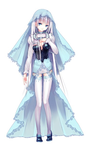 Anime picture 1364x2300 with original halnoomoide single tall image looking at viewer fringe breasts blue eyes standing white background cleavage white hair very long hair light smile zettai ryouiki wedding girl thighhighs white thighhighs shoes