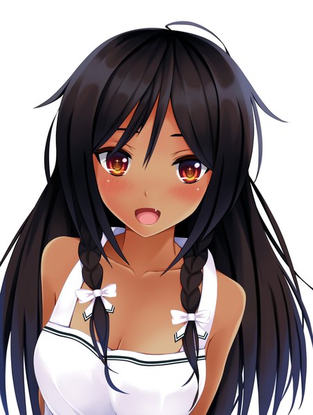 Anime picture 3000x3977 with original mukadero single long hair tall image looking at viewer blush highres open mouth black hair simple background white background bare shoulders brown eyes braid (braids) twin braids happy close-up girl dress