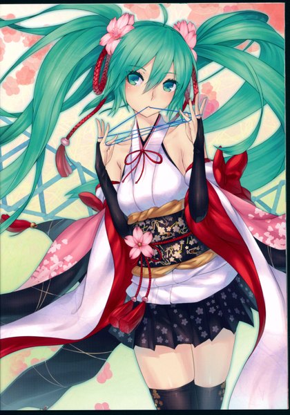 Anime picture 4333x6193 with vocaloid hatsune miku 2d (artist) single long hair tall image blush fringe highres simple background hair between eyes twintails bare shoulders holding looking away absurdres traditional clothes japanese clothes hair flower aqua eyes
