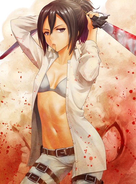 Anime picture 1200x1616 with shingeki no kyojin production i.g mikasa ackerman denhijou niki single tall image looking at viewer light erotic black hair ponytail black eyes open clothes arms up open shirt mouth hold adjusting hair serious girl navel underwear