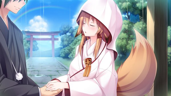 Anime picture 1280x720 with tenkiame kon (tenkiame) haik long hair blush open mouth blonde hair wide image animal ears payot game cg sky tail eyes closed traditional clothes japanese clothes animal tail wide sleeves :o fox ears