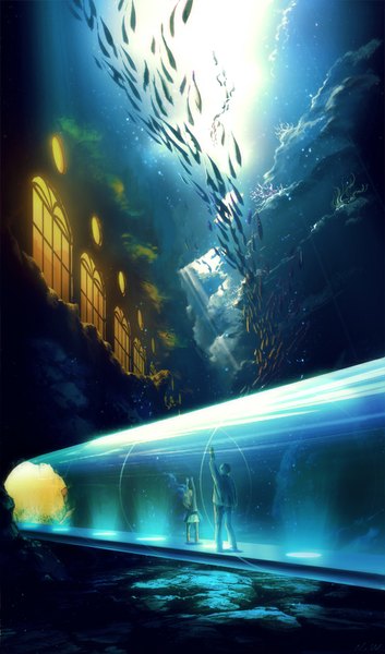 Anime picture 614x1041 with original mocha (cotton) long hair tall image short hair sky sunlight glowing underwater waving girl boy animal water fish (fishes) stone (stones) house scene
