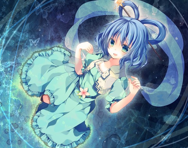 Anime picture 1260x990 with touhou kaku seiga kisaragi kiriha single looking at viewer short hair open mouth green eyes blue hair girl dress hair ornament frills insect butterfly shawl
