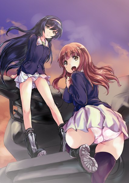 Anime picture 708x1000 with girls und panzer takebe saori reizei mako matsukura nemu long hair tall image looking at viewer blush fringe open mouth light erotic black hair smile hair between eyes brown hair standing multiple girls brown eyes sky blunt bangs