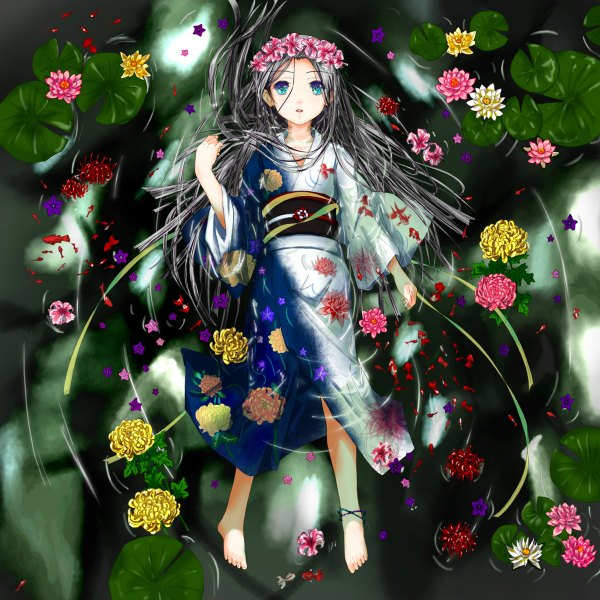 Anime picture 1200x1200 with original moyacy (pixiv) single long hair open mouth lying japanese clothes hair flower aqua eyes grey hair girl hair ornament flower (flowers) plant (plants) water belt kimono wreath water lily