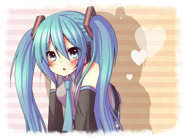 Anime picture 1024x768 with vocaloid hatsune miku amane kurumi single long hair blush fringe open mouth blue eyes hair between eyes twintails blue hair looking away shadow striped background girl detached sleeves necktie heart