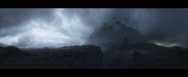 Anime picture 2160x888 with original levente peterffy highres wide image realistic mountain no people landscape fog stone (stones)