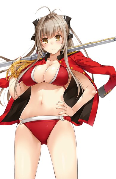 Anime picture 1949x3000 with amagi brilliant park kyoto animation sento isuzu nakajima yuka single long hair tall image looking at viewer blush highres breasts light erotic simple background brown hair white background brown eyes girl navel weapon swimsuit