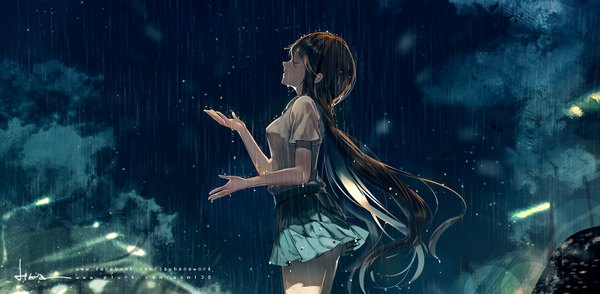 Anime picture 1501x736 with original say hana single long hair fringe brown hair wide image standing signed sky outdoors eyes closed pleated skirt short sleeves wet outstretched arm rain girl skirt shirt