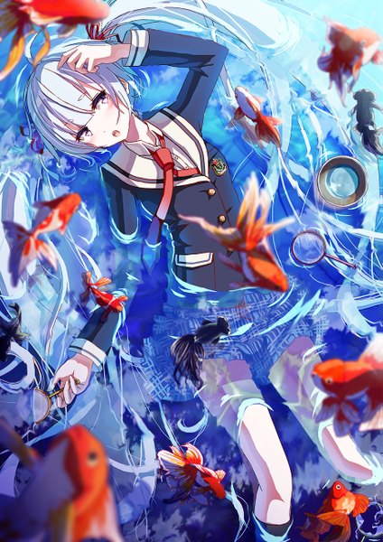 Anime picture 919x1300 with original 108tooya single long hair tall image fringe open mouth blue eyes twintails blue hair looking away plaid skirt flying underwater plaid girl skirt uniform ribbon (ribbons) hair ribbon