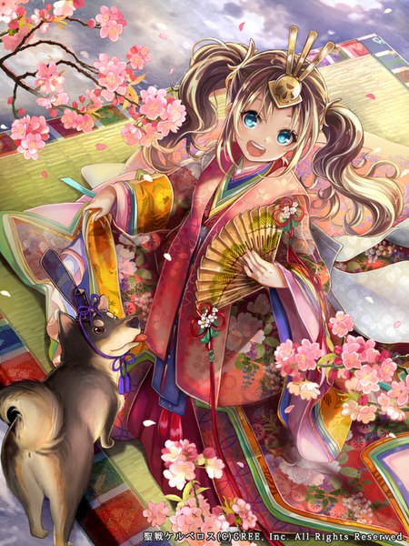 Anime picture 700x933 with gree pisuke single long hair tall image looking at viewer open mouth blue eyes twintails traditional clothes japanese clothes wide sleeves cherry blossoms floral print girl flower (flowers) plant (plants) animal tree (trees) headdress