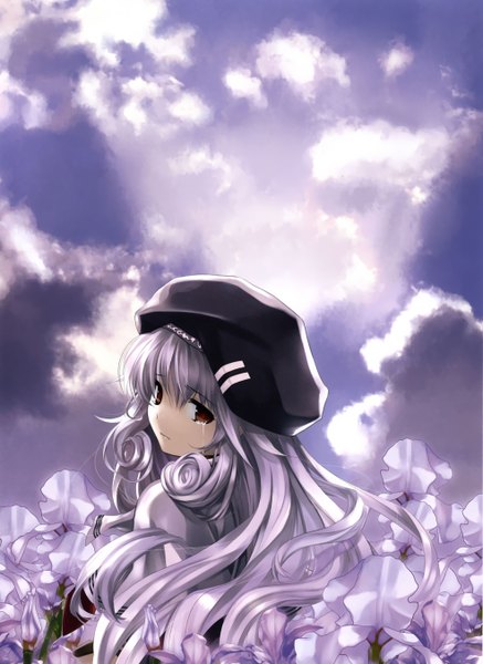 Anime picture 1972x2708 with cradle (artbook) boku to kanojo ni furu yoru (novel) iris maria herbust misaki kurehito single long hair tall image highres purple eyes sky purple hair cloud (clouds) looking back tears girl flower (flowers) hat