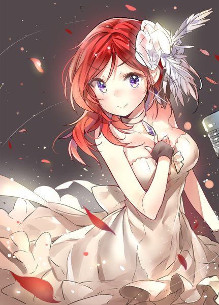 Anime picture 697x969 with love live! school idol project sunrise (studio) love live! nishikino maki yuran (cozyquilt) single long hair tall image looking at viewer blush smile standing purple eyes bare shoulders red hair hand on chest shiny girl dress hair ornament