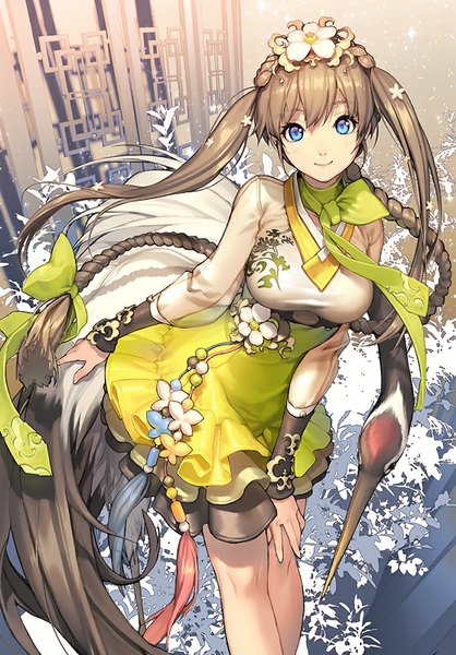 Anime picture 558x800 with million arthur (series) kaku-san-sei million arthur original square enix chunhyang kkuem long hair tall image looking at viewer blush fringe breasts blue eyes smile brown hair large breasts standing twintails braid (braids) traditional clothes