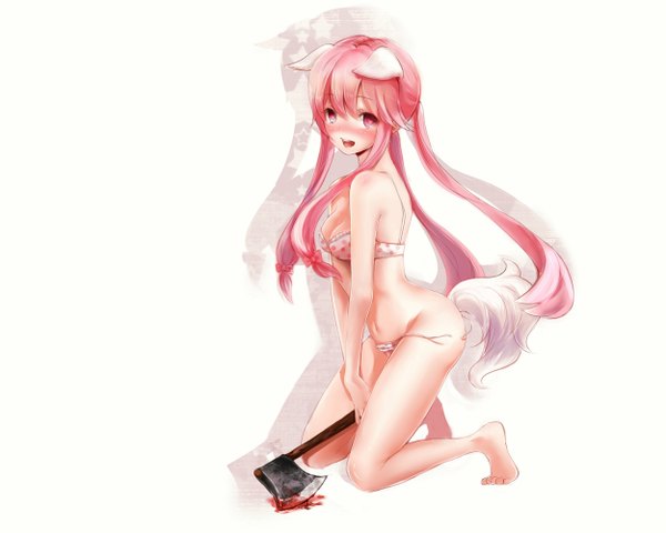 Anime picture 2500x2000 with mirai nikki gasai yuno letta (artist) single long hair blush highres open mouth light erotic red eyes white background animal ears pink hair animal tail barefoot girl navel underwear panties lingerie