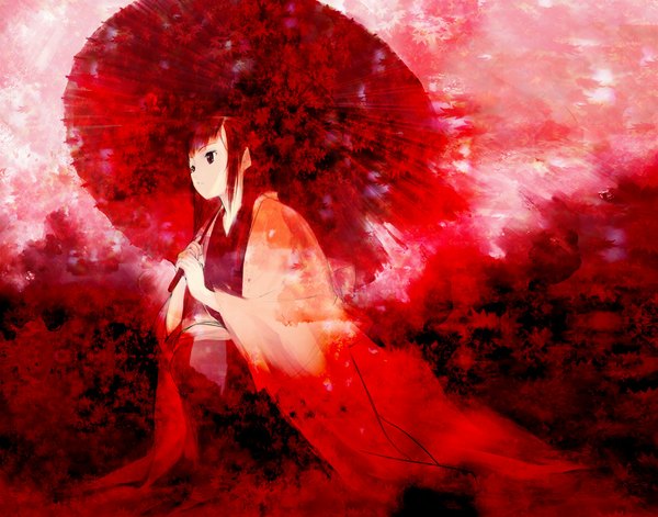 Anime picture 1024x804 with japanese clothes red background umbrella tagme