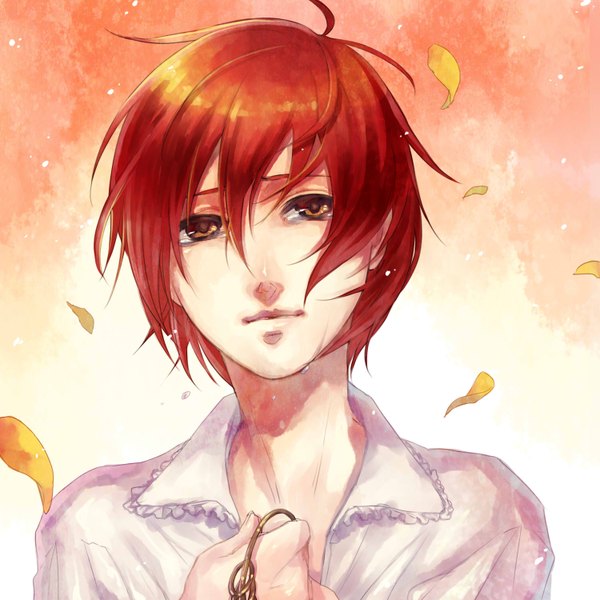 Anime picture 1500x1500 with tagme (copyright) otsuki (artist) single short hair yellow eyes red hair crying boy petals