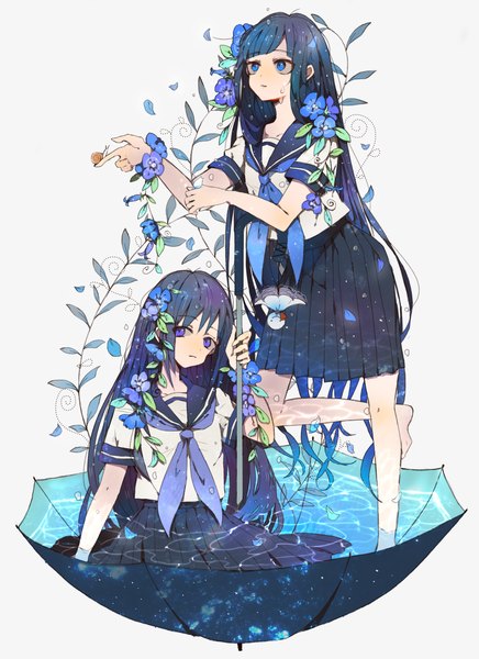 Anime picture 1202x1653 with original mam233 long hair tall image blue eyes black hair simple background standing white background purple eyes multiple girls hair flower standing on one leg girl skirt hair ornament flower (flowers) 2 girls serafuku umbrella