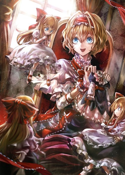 Anime picture 866x1214 with touhou alice margatroid kozou long hair tall image short hair open mouth blue eyes blonde hair sitting girl dress bow hair bow frills hairband doll (dolls)