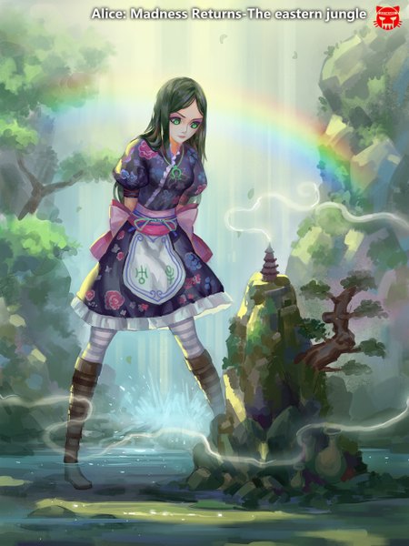 Anime picture 960x1280 with american mcgee's alice (game) alice: madness returns alice (american mcgee's) redname single long hair tall image black hair green eyes inscription floral print looking down smoke hands behind back eyeshadow waterfall girl dress bow plant (plants)