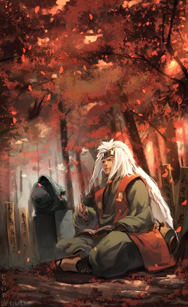Anime picture 2000x3260 with naruto studio pierrot naruto (series) jiraiya erkelee single long hair tall image highres sitting holding signed looking away white hair traditional clothes japanese clothes inscription autumn old man boy