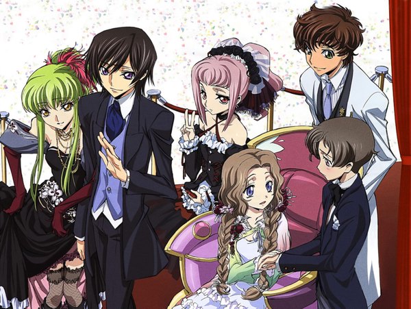 Anime picture 2000x1505 with code geass sunrise (studio) c.c. lelouch lamperouge kururugi suzaku nunnally lamperouge anya alstreim rolo lamperouge ishida kana long hair blush highres short hair blue eyes black hair smile red eyes brown hair sitting purple eyes