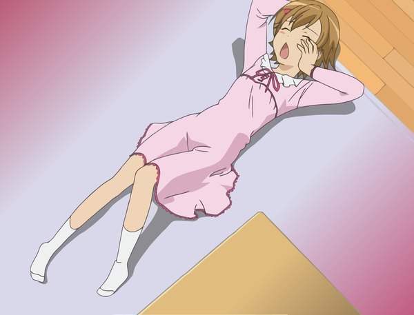 Anime picture 2560x1952 with minami-ke highres short hair open mouth brown hair eyes closed socks white socks tagme