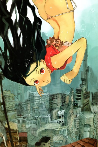 Anime picture 4456x6656 with original humi (artist) single long hair tall image looking at viewer highres light erotic black hair smile red eyes absurdres city underwater falling girl underwear panties water lingerie