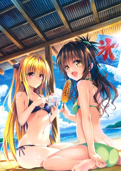 Anime picture 2686x3800 with toloveru toloveru darkness xebec konjiki no yami yuuki mikan yabuki kentarou long hair tall image looking at viewer blush highres open mouth light erotic blonde hair red eyes brown hair multiple girls yellow eyes scan official art