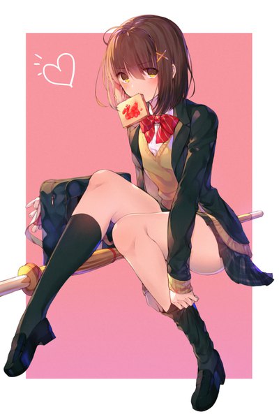 Anime picture 1000x1500 with original kh (kh 1128) single tall image looking at viewer blush fringe short hair light erotic simple background hair between eyes brown hair sitting holding yellow eyes mouth hold border plaid skirt toast in mouth kendo