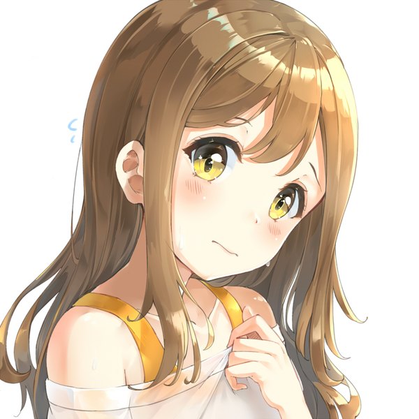 Anime picture 1000x1000 with love live! sunshine!! sunrise (studio) love live! kunikida hanamaru somalisu single long hair looking at viewer blush fringe simple background hair between eyes brown hair white background brown eyes upper body head tilt off shoulder sweat hand on chest