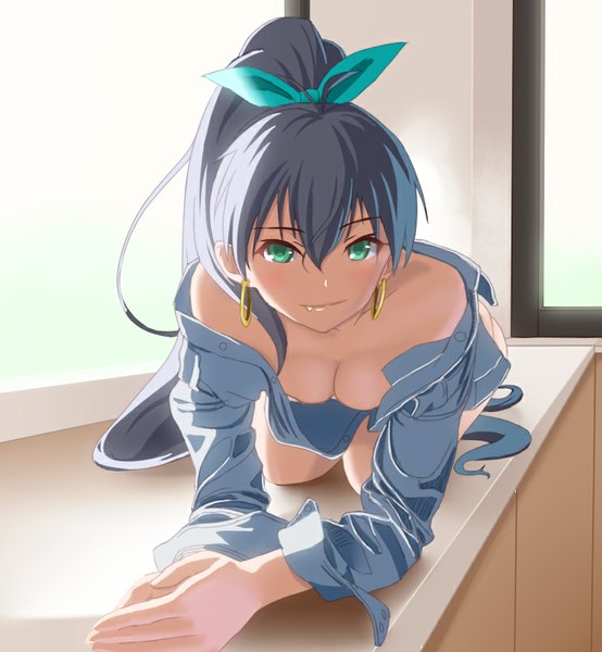 Anime picture 743x804 with idolmaster ganaha hibiki taka (takahirokun) single long hair tall image fringe light erotic black hair smile sitting bare shoulders bent knee (knees) ponytail aqua eyes open clothes teeth fang (fangs) open shirt kneeling