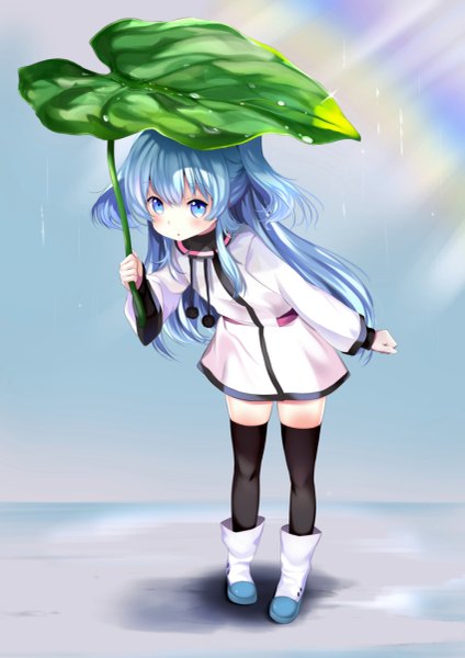 Anime picture 849x1200 with sora no method noel (sora no method) ep (emio parn) single long hair tall image looking at viewer blush fringe blue eyes standing holding blue hair full body sunlight leaning two side up zettai ryouiki leaning forward rain