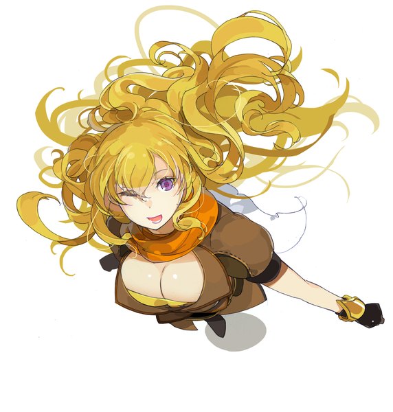 Anime picture 1329x1394 with rwby rooster teeth yang xiao long manabi (artist) long hair tall image fringe breasts open mouth simple background white background purple eyes cleavage one eye closed from above wink shadow wavy hair girl gloves