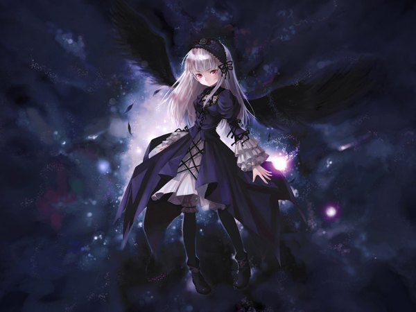 Anime picture 1600x1200 with rozen maiden suigintou kishida mel single long hair red eyes white hair goth-loli gothic cropped girl dress wings bonnet