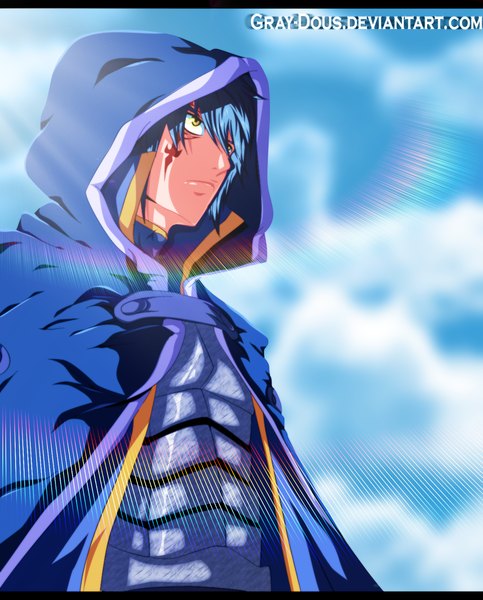 Anime picture 1019x1266 with fairy tail jellal fernandes gray-dous single tall image short hair yellow eyes blue hair sky cloud (clouds) sunlight tattoo coloring facial mark boy armor hood cloak