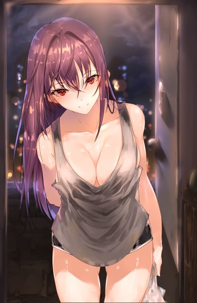 Anime picture 2150x3301 with fate (series) fate/grand order scathach (fate) (all) scathach (fate) hplay (kyoshinou) single long hair tall image blush fringe highres breasts light erotic hair between eyes red eyes large breasts payot cleavage purple hair upper body