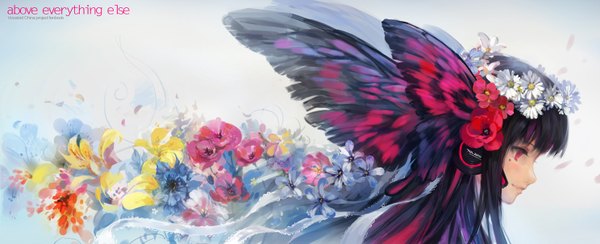 Anime picture 1488x606 with vocaloid vocaloid china way (vocaloid) hjl single long hair fringe black hair smile wide image white background looking away blunt bangs profile pink eyes multicolored hair hair flower two-tone hair streaked hair text